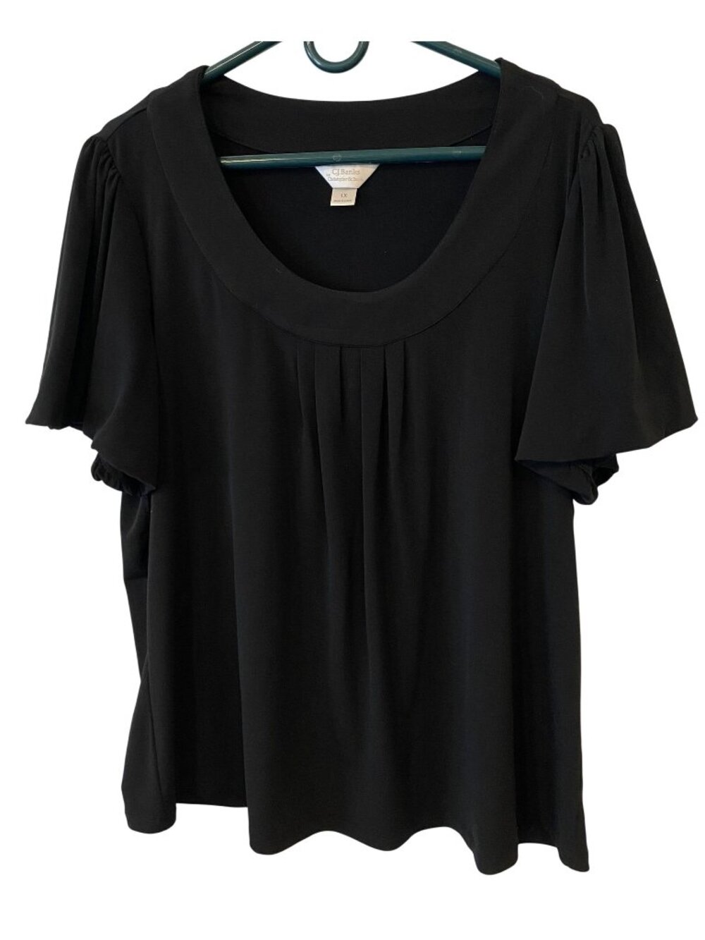 CJ Banks Womens 1X Black Flutter Sleeve Pleated Scoop Neck Blouse Plus